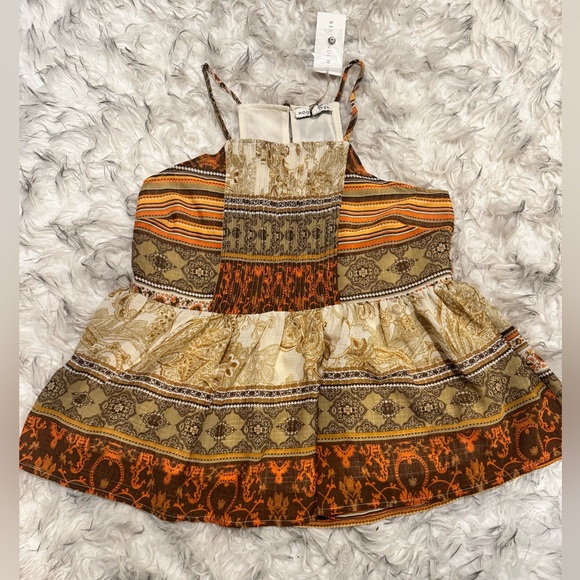 🌕Moon River Brown and Orange Smocked Camisole Peplum Top🍂 - Picture 2 of 5